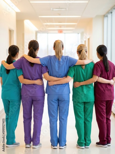 Diverse group of female healthcare professionals standing together in a hospital hallway, arms around each other in a show of unity and support.