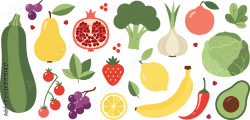 Healthy Food Collection with Fruits and Vegetables Including Avocado, Banana, Broccoli and Citrus for Balanced Nutrition and Fresh Organic Vector Illustration.