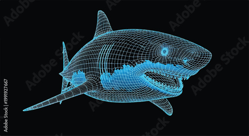 Wireframe model of a shark swimming with marine life ocean creature vector art