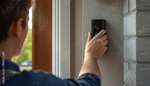 A person presses the button on a smart doorbell, announcing their arrival at a home.