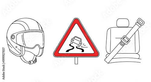 Vector illustration of safety equipment and road sign with equipment, protection