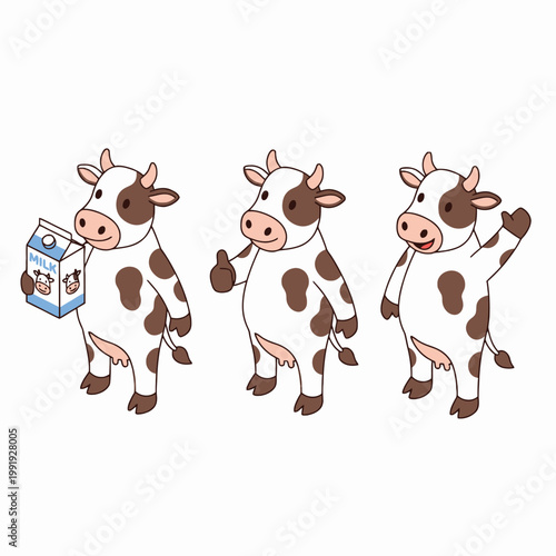 Dairy cow mascot collection holding milk carton and waving