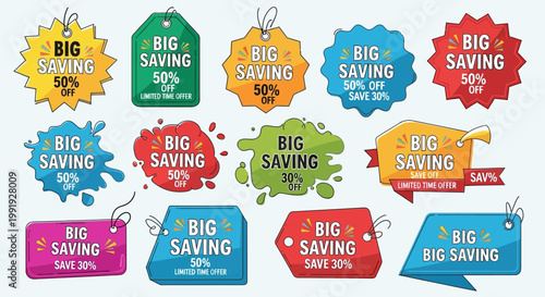Big Saving Sale Tags & Labels: 50% Off, Discounts, Offers - Colorful Vector Set