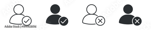 User Approval icon set. Account verification concept, person profile with checkmark and cross icons, accepted and rejected user status, vector illustration