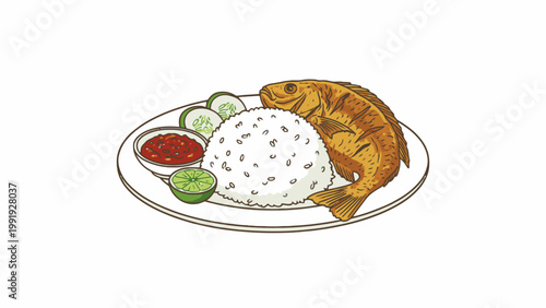 Fried Tilapia Fish with Steamed Rice and Sambal Illustration