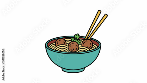 Bakso Meatball Noodle Soup Bowl with Chopsticks Illustration