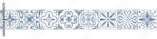 Fotografi Tile seamless watercolor border with blue ceramic ornamental motifs