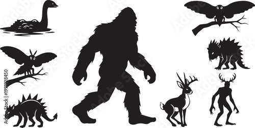 Mythical creatures and animals in silhouette form together