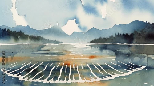 Serene Lake Landscape: A captivating watercolor paints a tranquil scene of a glassy lake reflecting the distant mountains and fluffy clouds, evoking a sense of calm and natural beauty.