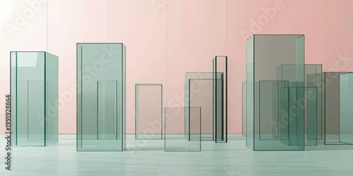 Empty office room interior with blue glass walls and a green screen background featuring an open corridor and 3d architectural design