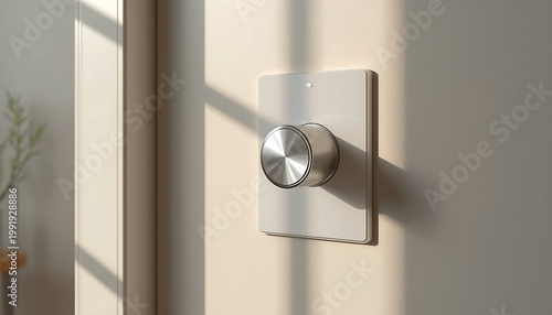 A close-up of a modern smart dimmer switch with a brushed metal rotary knob.