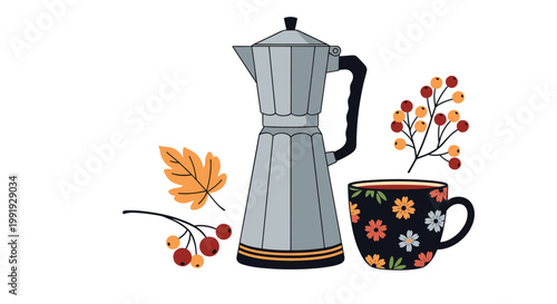 Cozy autumn coffee scene illustration with a moka pot a floral mug and decorative fall leaves and berries on a white background.