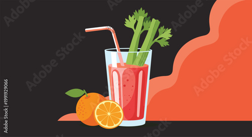 Modern graphic design of a healthy vegetable and fruit smoothie with celery and oranges against a bold abstract background.