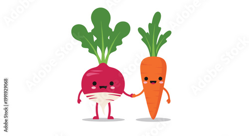 Adorable cartoon kawaii characters of a happy radish and carrot holding hands as a symbol of friendship and healthy food.