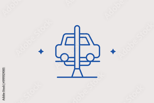 Car on hydraulic lift line icon for undercarriage inspections and professional repair work. Informative Vector Illustration for automotive service menu boards and garage safety protocols.