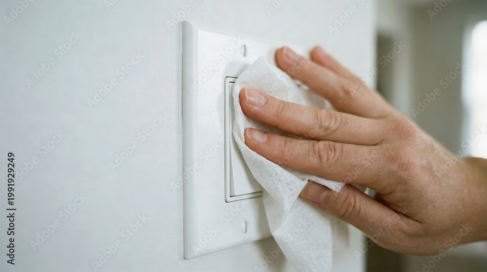 Naklejka premium Woman wiping light switch with tissue, home cleaning and hygiene routine