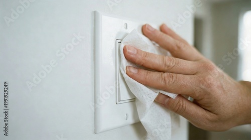 Woman wiping light switch with tissue, home cleaning and hygiene routine