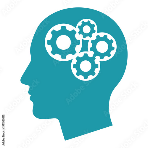 Billede på lærred Teal human head profile with white gear cogs inside brain  thinking concept icon