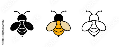 Bee icon set flat minimal black yellow and line art.