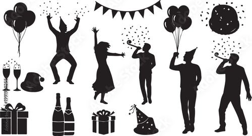 Black Silhouettes Celebrating Birthday Party Vector Graphics