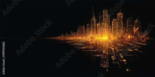 An explosion of light and fire illuminates the dark urban night sky above a black city skyline featuring a skyscraper and a silhouette of modern architecture reflected on the downtown water