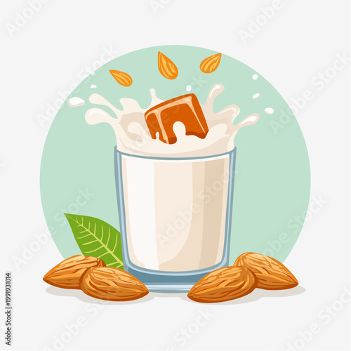 Almond milk splash with almonds and a leaf