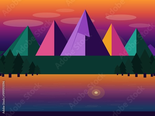 Vibrant Geometric Mountain Landscape at Sunset — Abstract Flat Design Vector Illustration with Purple Magenta Orange Teal Mountains, Reflective Lake and Pine Trees