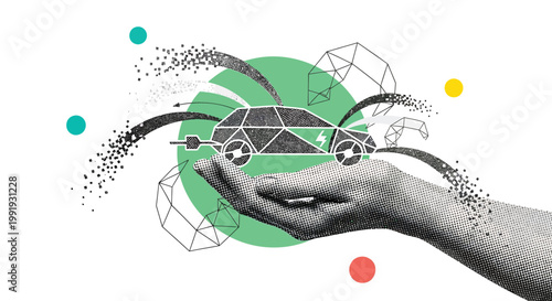 Futuristic hand, glowing green orb, abstract particles, technology background, sci-fi vector illustration