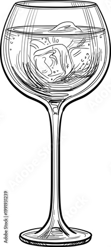 Hand-drawn gin glass holds ice and liquid. Ideal for menus, branding, or beverage-themed. Vintage engraving illustration. Simple sketch evokes sophistication and refreshment