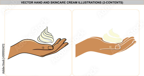 Hand holding cosmetic body cream, skin care lotion, shaving foam, beauty moisturizer swirl, vector illustration for spa, wellness, and hygiene.