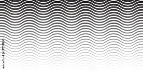 Black horizontal wave texture gradient. Wavy line pattern wallpaper. Fading curved linear halftone gradation. Thin to thick undulate stripe background for overlay, print, cover, graphic design. Vector