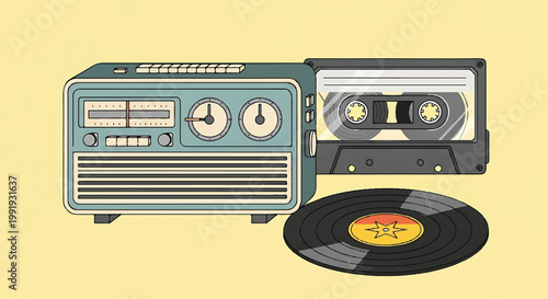 Retro music equipment set with turntable and cassette player, old school