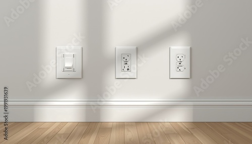 A modern light switch and two electrical outlets are neatly installed on a clean white wall.