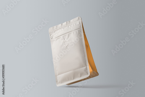 Cuadro en lienzo Floating white coffee pouch on soft gray background creates minimal packaging mockup for branding, label design and product ads