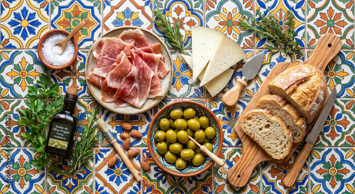 Cinematic top down view of Spanish Tapas ingredients on Andalusian tile