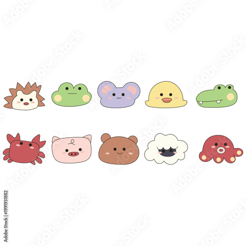 Cute Handdrawn Minimalist Animal Face Character Set Illustration Graphic Icon Collection