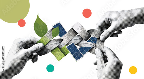 Eco friendly hands, sustainable energy, solar panels, green leaf, environmental partnership