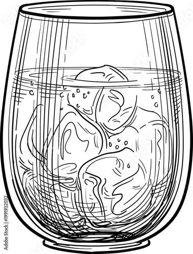 Hand-drawn glass holds clear water and ice cubes. Bubbles float gently within the liquid. Ice cubes show natural, uneven forms. Isolated ink sketch. Vintage engraving illustration