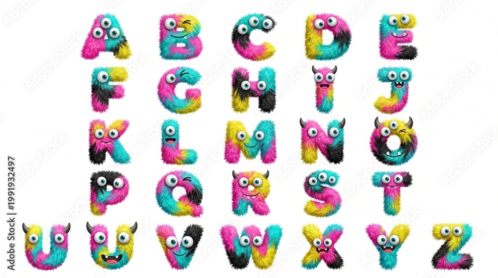 Obraz premium Colorful cartoon alphabet letters with eyes on white background