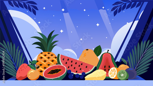 Vibrant tropical fruit assortment under starry night sky with palm trees and moonlight