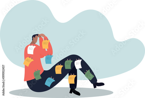 Too many ideas, overworked or busy schedule and reminders, procrastination or multi-tasking workaholic.human life and situation.