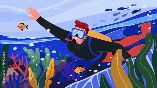 Man snorkeling underwater with colorful fish and coral reef in ocean