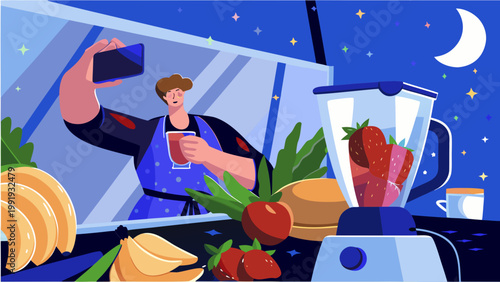 Person taking selfie while making fresh fruit smoothie at night with blender and healthy food