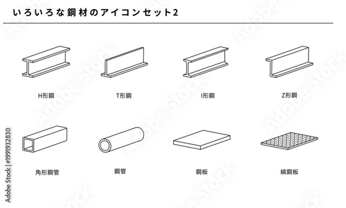 いろいろな鋼材のラインアイコンセット2、ベクター素材