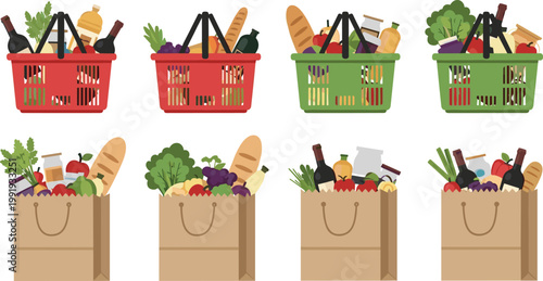 Grocery Shopping Vector Set Featuring Red And Green Plastic Baskets And Brown Paper Bags Filled With Fresh Produce Bread And Wine For Supermarket And Food Retail Graphic Designs