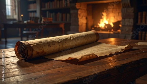Warmly lit study with burning fireplace, aged parchment scroll unrolled on wooden table, shelves of books and candles, mysterious composition evoking history, knowledge, secrets, and timeless discover