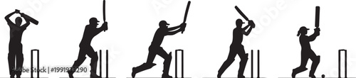 Vector silhouette icon set of cricket player action poses showing batting bowling fielding catching