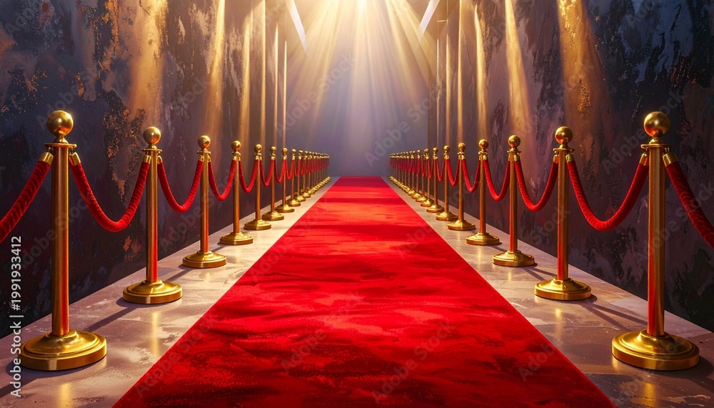 Obraz premium Luxurious red carpet walkway flanked by gold stanchions and velvet ropes, leading to bright illuminated end with dramatic beams of light, evoking prestige, celebration, and grand entrance atmosphere.