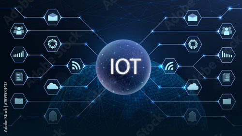 Tableau sur toile This image illustrates the Internet of Things (IoT) concept, showcasing interconnected devices with various icons representing data exchange and connectivity in a digital network