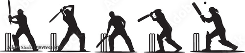 Vector silhouette icon set of cricket player action poses showing batting bowling fielding catching